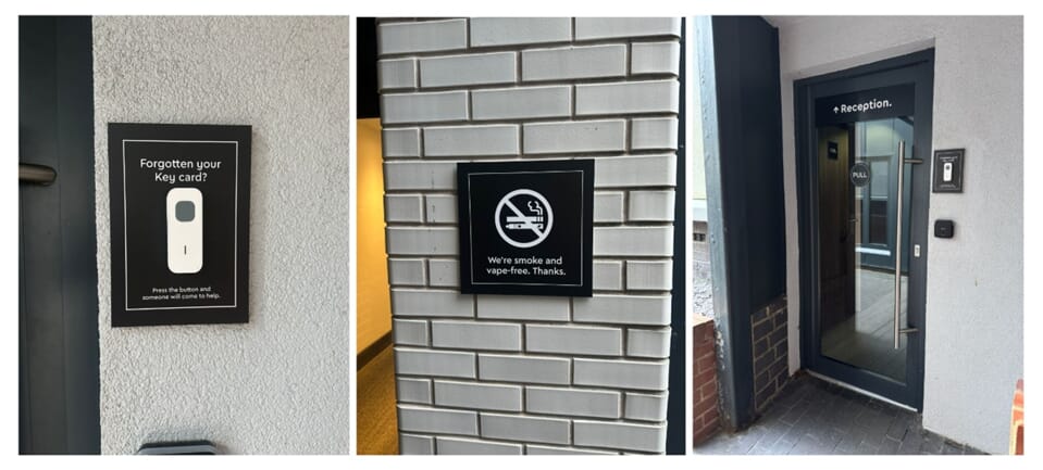 A collage of the directional and informational signage around the building exterior.